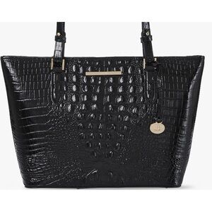 Classic structured, croc-embossed black leather, with organizational details